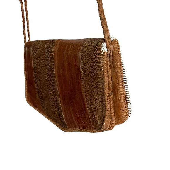 Vintage Handmade Brown Leather Snakeskin Shoulder Crossbody Clutch Purse Bag - Picture 7 of 14